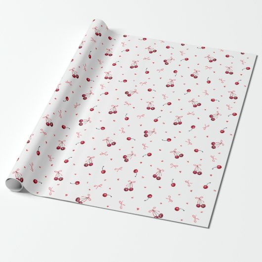 Papier Cadeau Cute Red Cherries Coeurs Bows (Déroulé)