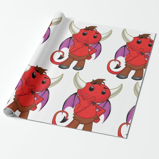 Papier Cadeau Cute Red Devil Character Thinking Mischievous (Déroulé)