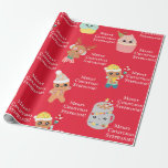Papier Cadeau Cute Red Kawaii Christmas Food Kids Ajouter un nom<br><div class="desc">Papier d'emballage rouge de Noël adorable avec des personnages de cuisine kawaii de Noël assortis. Le design peut être facilement personnalisé avec le nom de vos proches.</div>