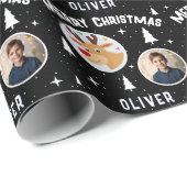 Papier Cadeau Cute Reindeer Kid`s Name Photo Christmas (Coin rond)