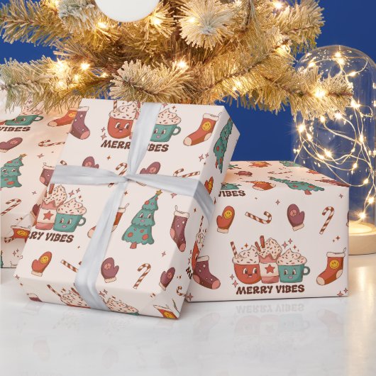 Papier Cadeau Cute Retro Merry Vibes Noël Kawaii Motif (Vacances)