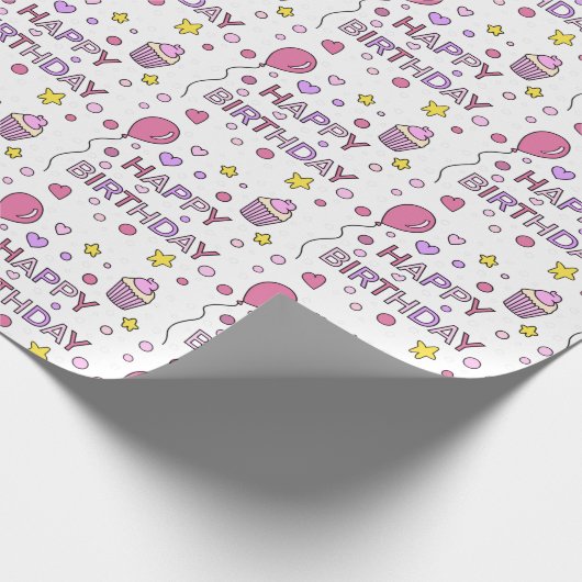 Papier Cadeau Cute Rose Joyeux Cupcakes d'anniversaire, étoiles (Coin)