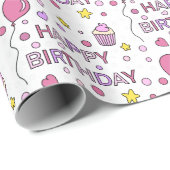 Papier Cadeau Cute Rose Joyeux Cupcakes d'anniversaire, étoiles  (Coin rond)