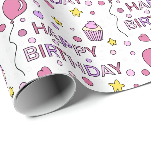 Papier Cadeau Cute Rose Joyeux Cupcakes d'anniversaire, étoiles  (Coin rond)