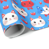 Papier Cadeau Cute Rouge Blanc Bleu Chefs de Chat Animaux Motifs (Coin rond)