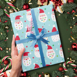 Papier Cadeau Cute Santas à la barbe festive bleu
