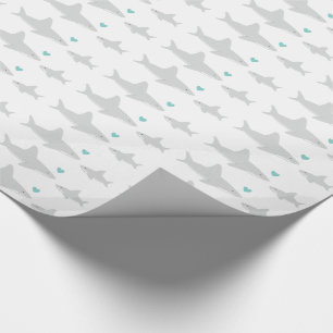 Papier Cadeau Cute Sharks Baby shower blanc vert coeur