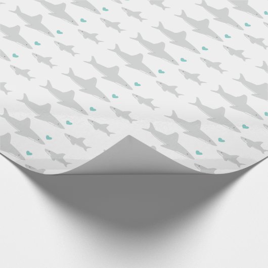 Papier Cadeau Cute Sharks Baby shower blanc vert coeur (Coin)