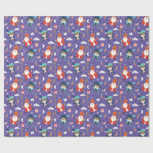 Papier Cadeau Cute Sinterklaas and Piet Pattern on Purple (Plat)