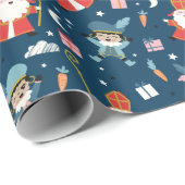 Papier Cadeau Cute Sinterklaas et Piet Motif sur marine (Coin rond)
