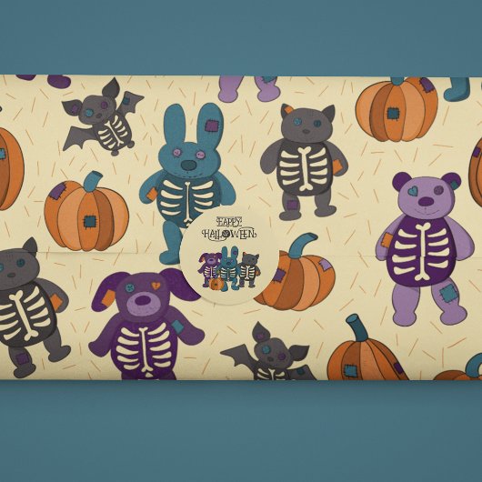Papier Cadeau Cute Skeleton Animaux et Halloween Citrouille