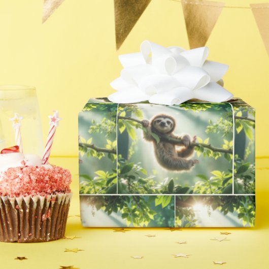 Papier Cadeau Cute Sloth Hanging From a Branch In Sunbeams (Fête d'anniversaire)