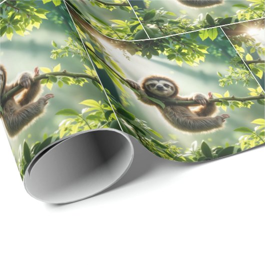 Papier Cadeau Cute Sloth Hanging From a Branch In Sunbeams (Coin rond)