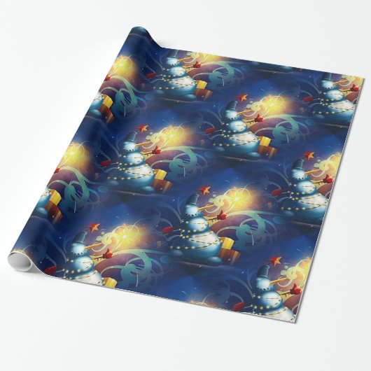 Papier Cadeau Cute Snowman avec cadeaux et feux d'artifice (Déroulé)