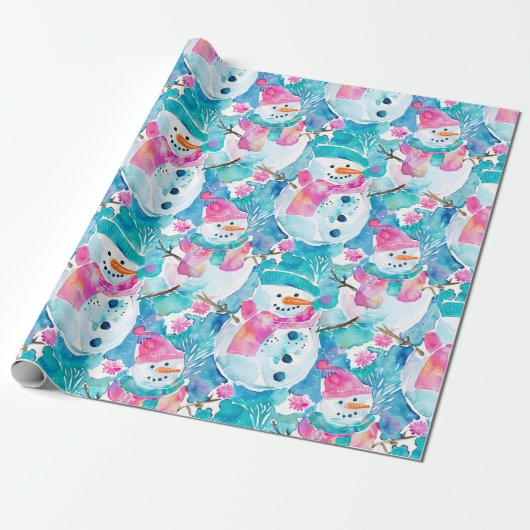 Papier Cadeau Cute snowman turquoise watercolor pattern (Déroulé)