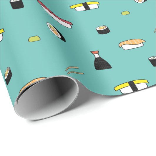 Papier Cadeau Cute Sushi Roll Set Motif Nigiri Maki Lumière Turq (Coin rond)