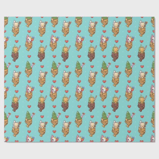 Papier Cadeau Cute Taiyaki crème glacée Dessert Kawaii Chat Bleu (Plat)