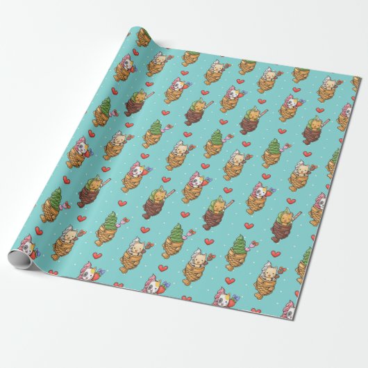 Papier Cadeau Cute Taiyaki crème glacée Dessert Kawaii Chat Bleu (Déroulé)