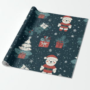 Papier Cadeau Cute Teddy Bear & Santa sur fond vert foncé (1)