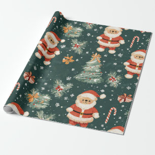 Papier Cadeau Cute Teddy Bear & Santa sur fond vert foncé (2)