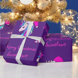 Papier Cadeau Cute Unicorn en Pink Santa Hat pour Noël