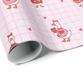 Papier Cadeau Cute Valentine Goose Pattern Hearts Pink Grid (Coin rond)