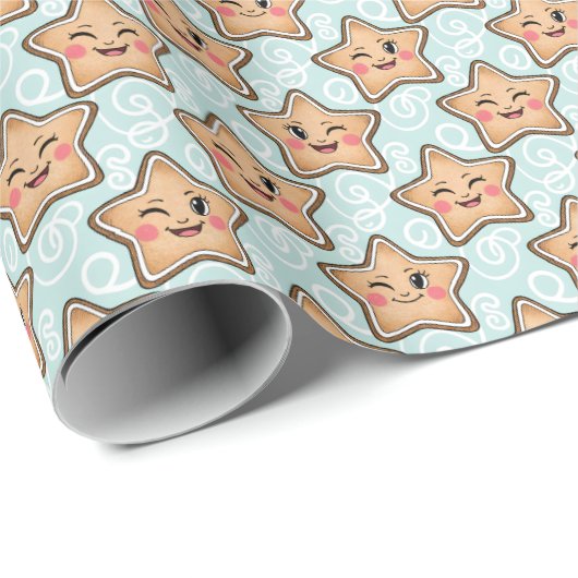 Papier Cadeau Cute Winking Gingerbread Star Cookie Pattern (Coin rond)