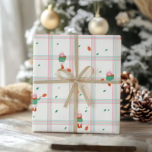 Papier Cadeau Cute Winter Sheep & Pinecones on Mint-Coral Plaid