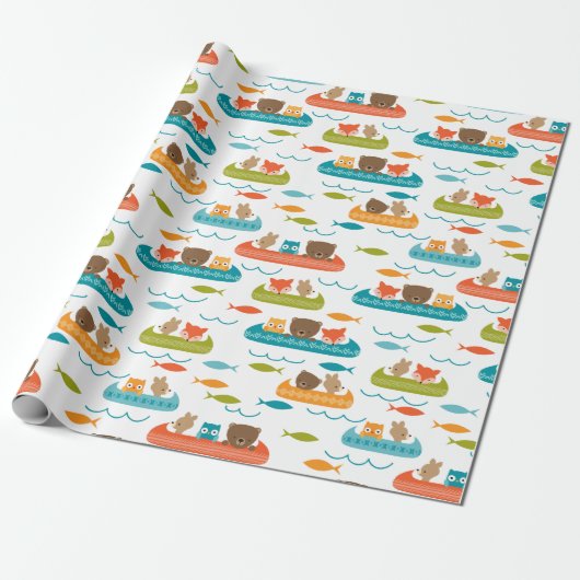 Papier Cadeau Cute Woodland Animaux Motif de canoë (Déroulé)