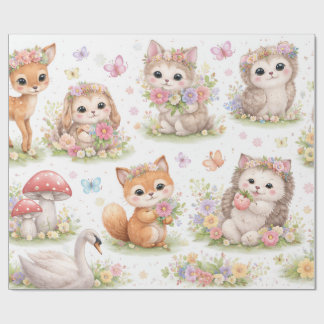 Papier Cadeau Cute Woodland Baby Animals Floral Wrapping Paper