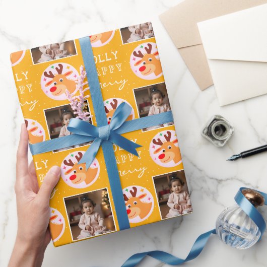 Papier Cadeau Cute Yellow Reindeer Family Photo Christmas (Cadeaux)