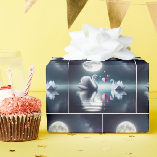 Papier Cadeau Cygne blanc avec cygne à l'origami et coeurs (Fête d'anniversaire)