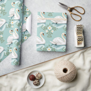Papier Cadeau Cygne blanc élégant floral bleu