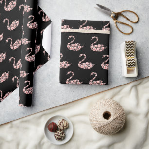 Papier Cadeau Cygne élégant perle rose sur fond noir