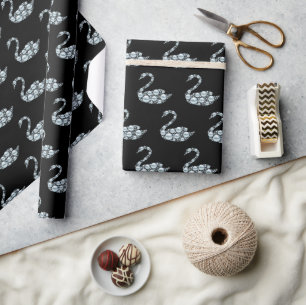 Papier Cadeau Cygne perle bleue élégant sur fond noir