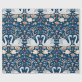 Papier Cadeau Cygnes, poissons, fleurs sur un arrière - plan ble (Plat)