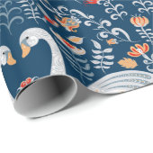 Papier Cadeau Cygnes, poissons, fleurs sur un arrière - plan ble (Coin rond)
