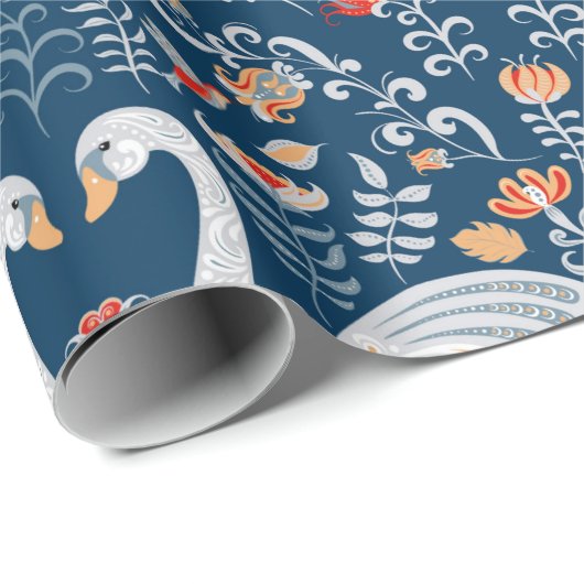 Papier Cadeau Cygnes, poissons, fleurs sur un arrière - plan ble (Coin rond)