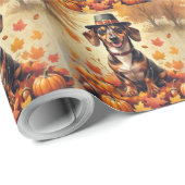 Papier Cadeau Dachshund À L'Automne Laisse L'Art Thanksgiving (Coin rond)