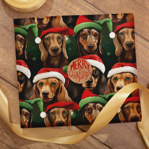 Papier Cadeau Dachshund avec Casquettes de Noël sans couture mot
