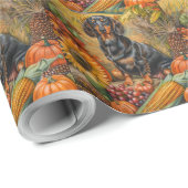 Papier Cadeau Dachshund Chien Moisson Automne Thanksgiving (Coin rond)