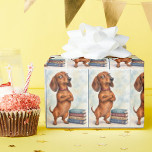 Papier Cadeau Dachshund confiant avec des livres amusants