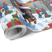 Papier Cadeau Dachshund Courir en neige avec Casquette de Noël (Coin rond)