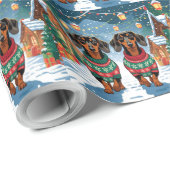 Papier Cadeau Dachshund Dogs Christmas Snow Holiday (Coin rond)