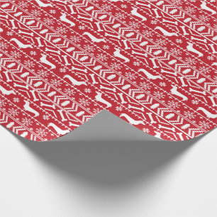 Papier Cadeau Dachshund Fair Isle Noël Rouge et Blanc