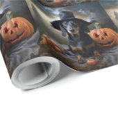 Papier Cadeau Dachshund Halloween effroi (Coin rond)