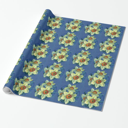 Papier Cadeau Daffodiles fin art bleu emballage jaune (Déroulé)