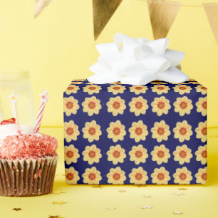 Papier Cadeau Dahlia jaune motif floral sur bleu