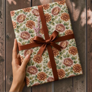 Papier Cadeau Dahlias et eucalyptus floraux élégants en terre cu