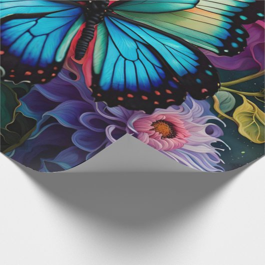 Papier Cadeau Dahlias Et Papillon Vert Bleu Iridescente (Coin)